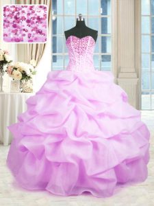 Edgy Sleeveless Floor Length Beading and Ruffles Lace Up Quince Ball Gowns with Lilac