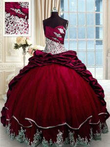 Exquisite Wine Red Ball Gowns Sweetheart Sleeveless Taffeta With Brush Train Lace Up Beading and Appliques and Pick Ups Ball Gown Prom Dress