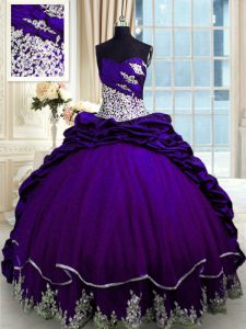 Inexpensive Purple Sweetheart Lace Up Beading and Appliques and Pick Ups Quinceanera Dress Brush Train Sleeveless