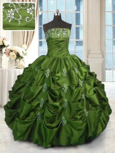 Lovely Pick Ups Ball Gowns Party Dress for Girls Green Strapless Taffeta Sleeveless Floor Length Lace Up