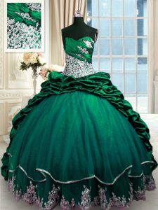 Stylish Dark Green Ball Gowns Sweetheart Sleeveless Taffeta Brush Train Lace Up Beading and Appliques and Pick Ups Sweet 16 Dresses