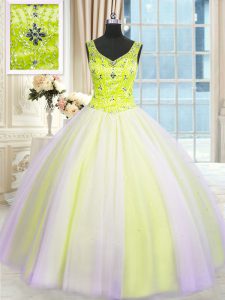 Floor Length Multi-color Quinceanera Gown Tulle Sleeveless Beading and Sequins