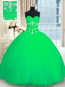 Super Green Ball Gowns Appliques Quinceanera Dama Dress Lace Up Tulle Sleeveless Floor Length