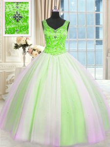 Multi-color V-neck Neckline Beading and Sequins Quinceanera Gown Sleeveless Lace Up