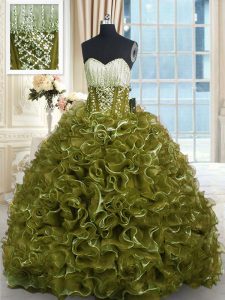Olive Green Organza Lace Up Sweetheart Sleeveless With Train Quinceanera Dress Brush Train Beading and Ruffles