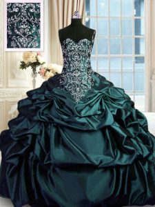 Designer Sleeveless Floor Length Beading and Embroidery and Pick Ups Zipper Quinceanera Dress with Dark Green