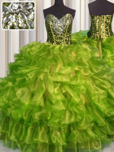 Sexy Beading and Ruffles Vestidos de Quinceanera Olive Green Lace Up Sleeveless Floor Length