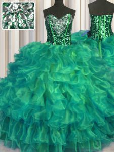 Sophisticated Turquoise Sleeveless Floor Length Beading and Ruffles Lace Up Quinceanera Dresses