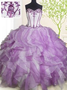 Low Price White And Purple Sleeveless Floor Length Beading and Ruffles Lace Up Quinceanera Dresses