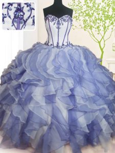 Blue And White Organza Lace Up Sweet 16 Dress Sleeveless Floor Length Beading and Ruffles