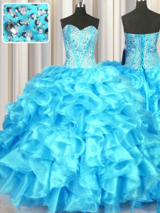 Smart Aqua Blue Ball Gowns Organza Sweetheart Sleeveless Beading and Ruffles Floor Length Lace Up Vestidos de Quinceanera