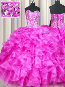 Fuchsia Sweetheart Neckline Beading and Ruffles Ball Gown Prom Dress Sleeveless Lace Up