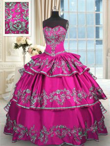 Fuchsia Ball Gowns Satin Sweetheart Sleeveless Embroidery and Ruffled Layers Floor Length Lace Up Quinceanera Gown