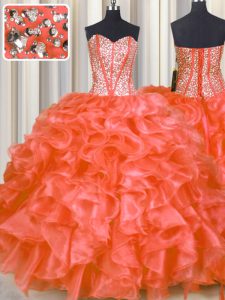 Cute Floor Length Lace Up 15th Birthday Dress Red for Military Ball and Sweet 16 and Quinceanera with Beading and Ruffles