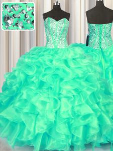 Exquisite Sleeveless Floor Length Beading and Ruffles Lace Up Quinceanera Dresses with Turquoise