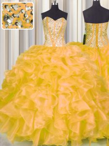 Artistic Beading and Ruffles Quinceanera Dress Gold Lace Up Sleeveless Floor Length
