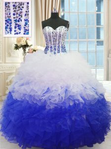 Sweetheart Sleeveless Lace Up Ball Gown Prom Dress Blue And White Organza