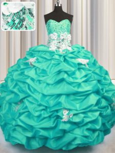 Beautiful Turquoise Lace Up 15 Quinceanera Dress Appliques and Sequins and Pick Ups Sleeveless With Brush Train