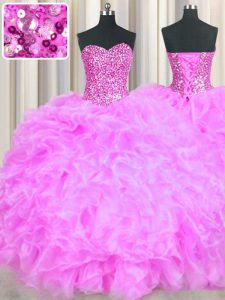 Best Floor Length Lace Up Party Dress Lilac for Military Ball and Sweet 16 and Quinceanera with Beading and Ruffles
