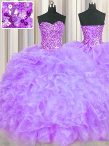 Classical Floor Length Lavender Sweet 16 Dresses Organza Sleeveless Beading and Ruffles