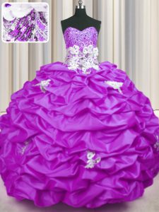 Popular Lilac Lace Up Sweetheart Appliques and Sequins and Pick Ups Quinceanera Gown Taffeta Sleeveless Brush Train