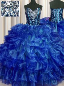 Decent Royal Blue Sleeveless Floor Length Beading and Ruffles Lace Up Quinceanera Gown