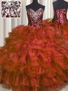 Exceptional Red Lace Up Quinceanera Gowns Beading and Ruffles Sleeveless Floor Length
