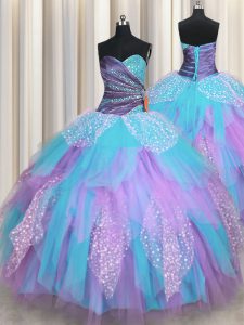 Floor Length Lace Up Ball Gown Prom Dress Multi-color for Military Ball and Sweet 16 and Quinceanera with Beading and Ruching