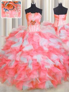 Custom Fit Pink And White Strapless Neckline Beading and Ruffles and Hand Made Flower Sweet 16 Quinceanera Dress Sleeveless Lace Up