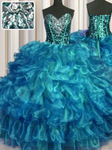 Teal Sweetheart Lace Up Beading and Ruffles Quinceanera Gown Sleeveless
