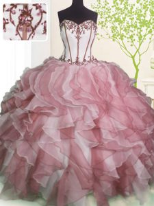 Customized Pink And White Lace Up Sweetheart Ruffles Ball Gown Prom Dress Organza Sleeveless