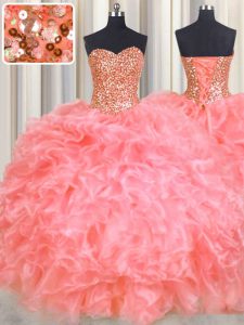 Fantastic Halter Top Sleeveless Floor Length Beading and Ruffles Lace Up 15th Birthday Dress with Watermelon Red