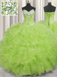 Low Price Yellow Green Sweet 16 Dress Military Ball and Sweet 16 and Quinceanera and For with Beading and Ruffles Sweetheart Sleeveless Lace Up