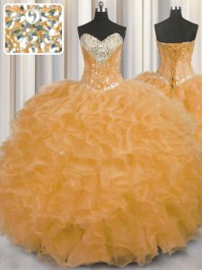 Wonderful Floor Length Lace Up 15th Birthday Dress Orange for Military Ball and Sweet 16 and Quinceanera with Beading and Ruffles