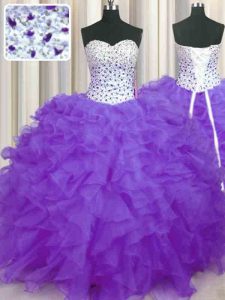 Dramatic Floor Length Lavender Party Dress for Toddlers Sweetheart Sleeveless Lace Up