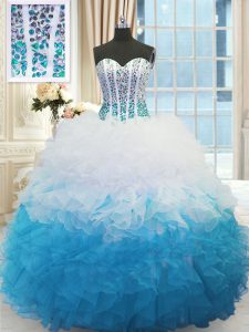 Blue And White Sleeveless Beading and Ruffles Floor Length Sweet 16 Dress