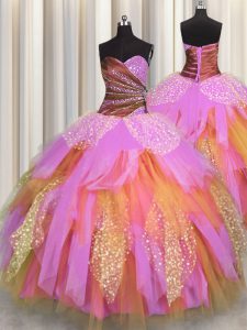 Latest Multi-color Sleeveless Beading and Ruching Floor Length 15th Birthday Dress