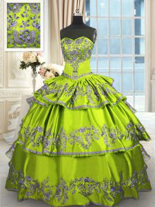 Yellow Green Ball Gowns Embroidery and Ruffled Layers Vestidos de Quinceanera Lace Up Taffeta Sleeveless Floor Length