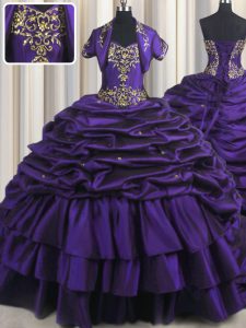 Modest Purple Sleeveless With Train Beading and Appliques and Pick Ups Lace Up Quinceanera Gowns