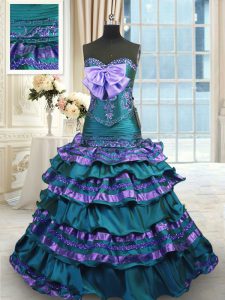 Peacock Green Lace Up Sweetheart Appliques and Ruffled Layers and Bowknot Sweet 16 Dresses Taffeta Sleeveless Sweep Train