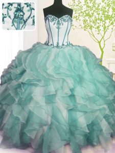 Sweet Green Ball Gowns Organza Sweetheart Sleeveless Beading and Ruffles Floor Length Lace Up 15 Quinceanera Dress