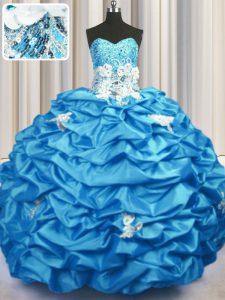 Shining Aqua Blue Sweet 16 Dress Military Ball and Sweet 16 and Quinceanera and For with Appliques and Sequins and Pick Ups Sweetheart Sleeveless Brush Train Lace Up