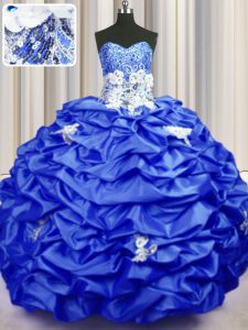 Taffeta Sleeveless With Train Ball Gown Prom Dress Brush Train and Appliques and Sequins and Pick Ups