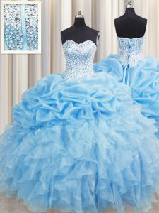 Elegant Visible Boning Baby Blue Sweetheart Neckline Beading and Ruffles and Pick Ups Quinceanera Dresses Sleeveless Lace Up