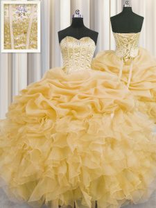 Best Selling Visible Boning Sleeveless Organza Floor Length Lace Up 15th Birthday Dress in Gold with Beading and Ruffles and Pick Ups