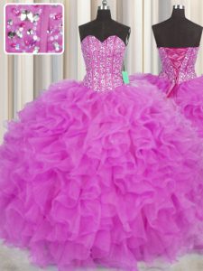 Pretty Visible Boning Fuchsia Sweetheart Neckline Beading and Ruffles Quinceanera Gown Sleeveless Lace Up