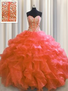 Best Selling Visible Boning Organza Sweetheart Sleeveless Lace Up Beading and Ruffles Quince Ball Gowns in Red