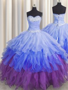 Nice Sweetheart Sleeveless Organza Quinceanera Dress Beading and Ruffles and Ruffled Layers and Sequins Zipper