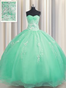 Zipper Up Apple Green Sleeveless Beading and Appliques Floor Length Quince Ball Gowns