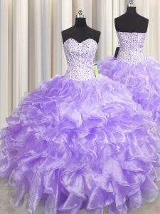 Colorful Visible Boning Zipper Up Lavender Sleeveless Organza Zipper Quinceanera Gowns for Military Ball and Sweet 16 and Quinceanera